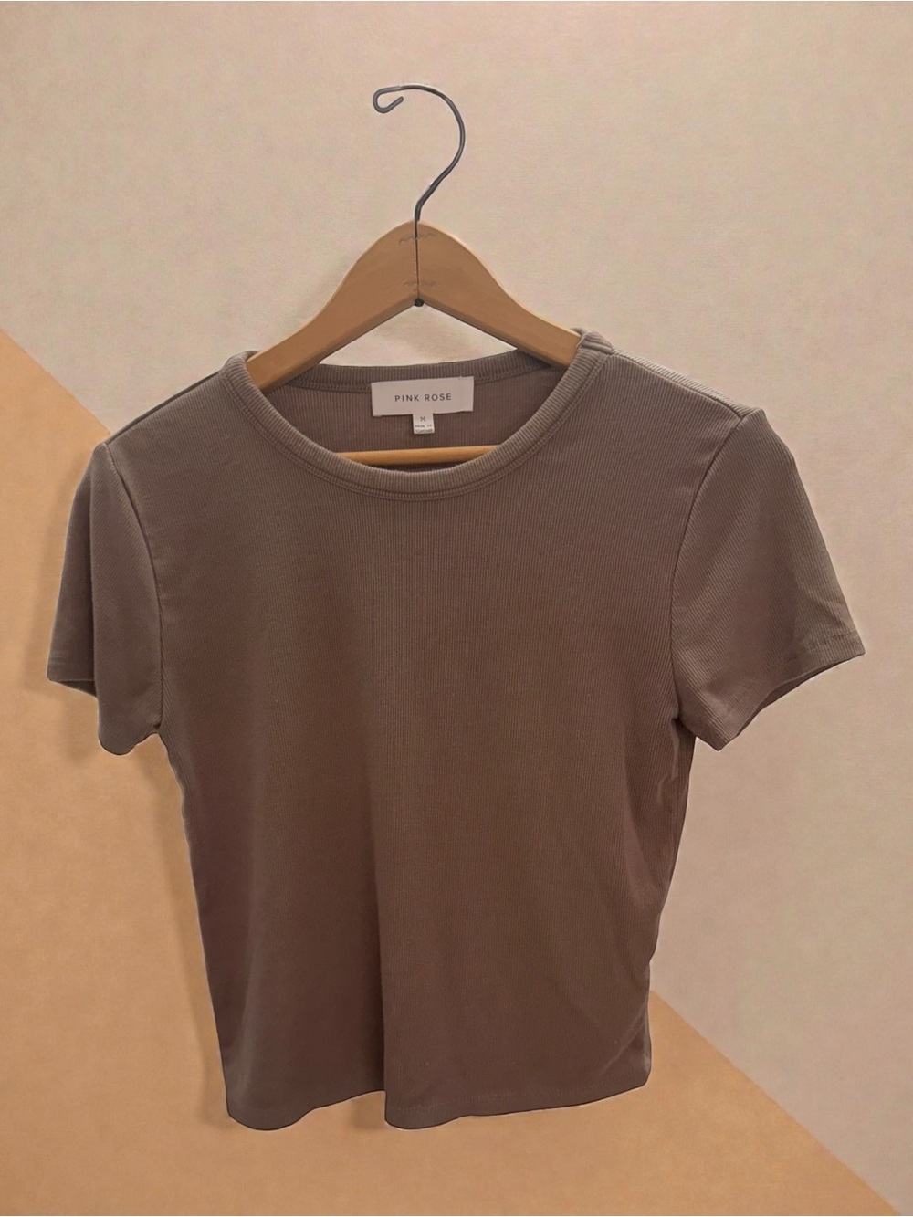 Pink Rose Ribbed Short Sleeve Crop Top — Taupe